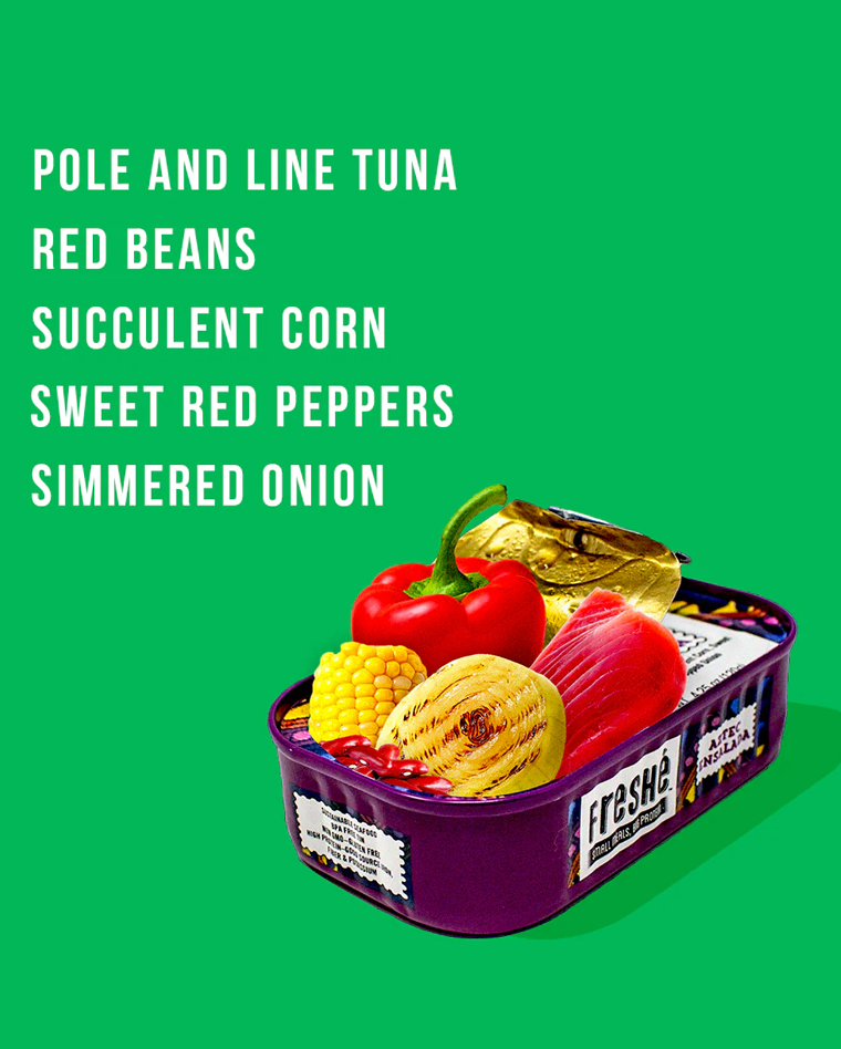 Illustrated Freshé tin with pole-and-line tuna, red beans, corn and sweet red peppers on a green background