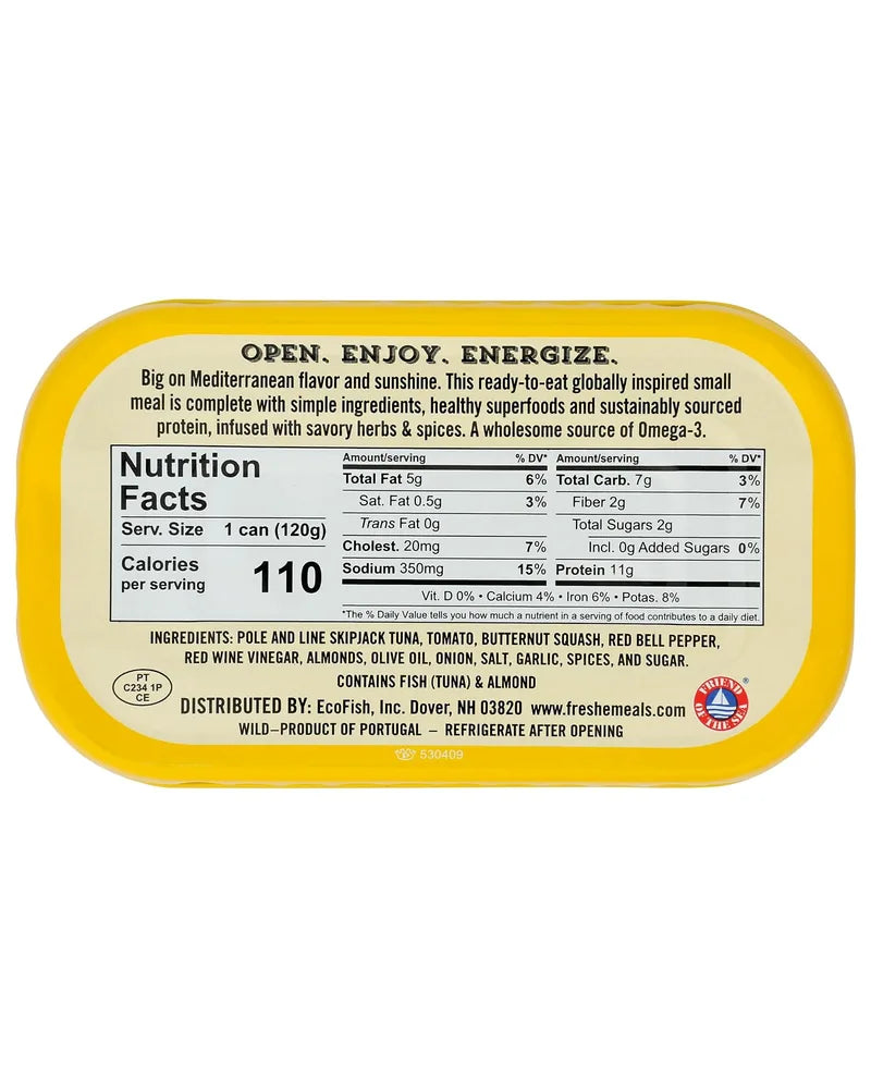 Sicilian Caponata tin back with nutrition facts — 110 calories, 11g protein, pole-and-line skipjack tuna
