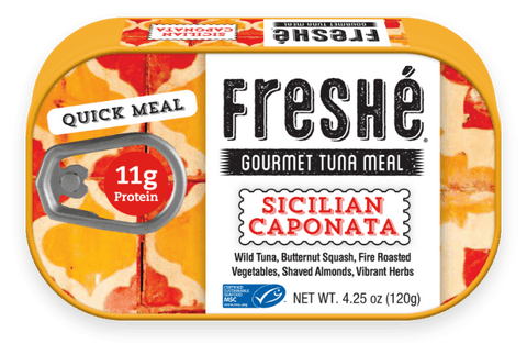 Freshé Sicilian Caponata tuna meal packaging with label and branding.