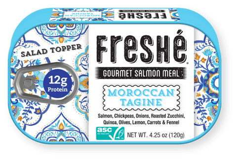 Freshe gourmet salmon meal packaging with decorative border
